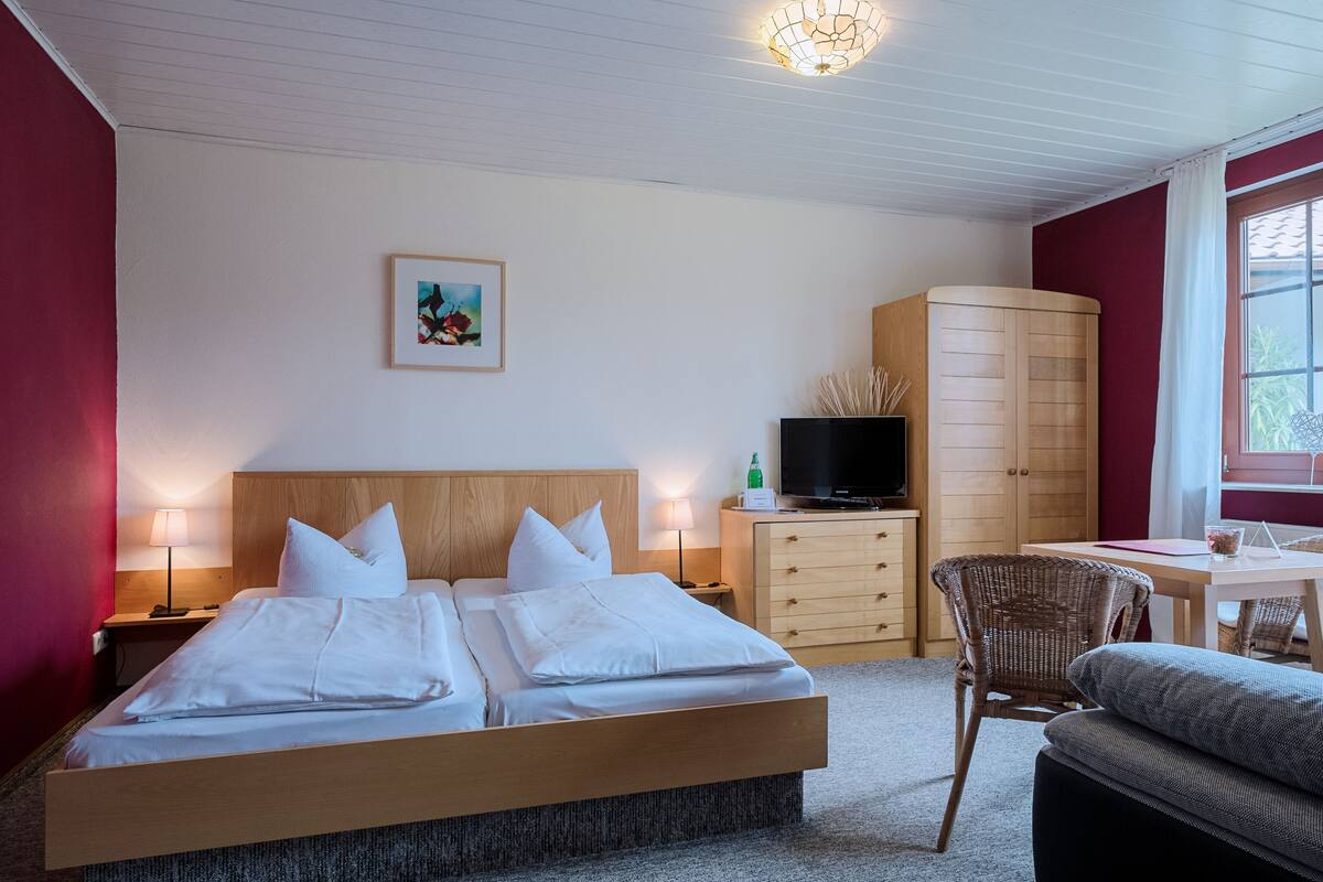 A hotel room with a wooden bed, a television, a desk, and a chair.