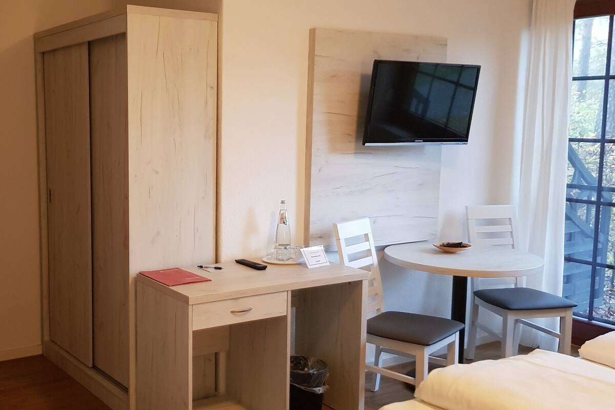 A hotel room with a bed, a desk with a chair, a television mounted on the wall, and a window with a view.