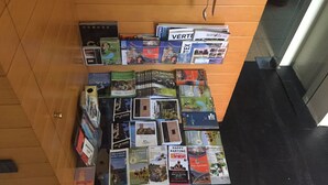 Reisebroschüren und -zeitschriften liegen aufregend auf einem Holzboden gestapelt.