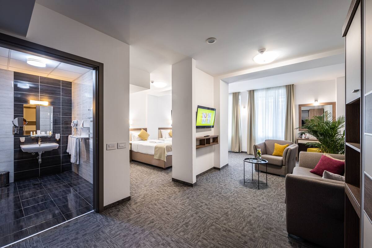 A modern hotel room with a bathroom, a bed, a TV, a sofa, and a small table.