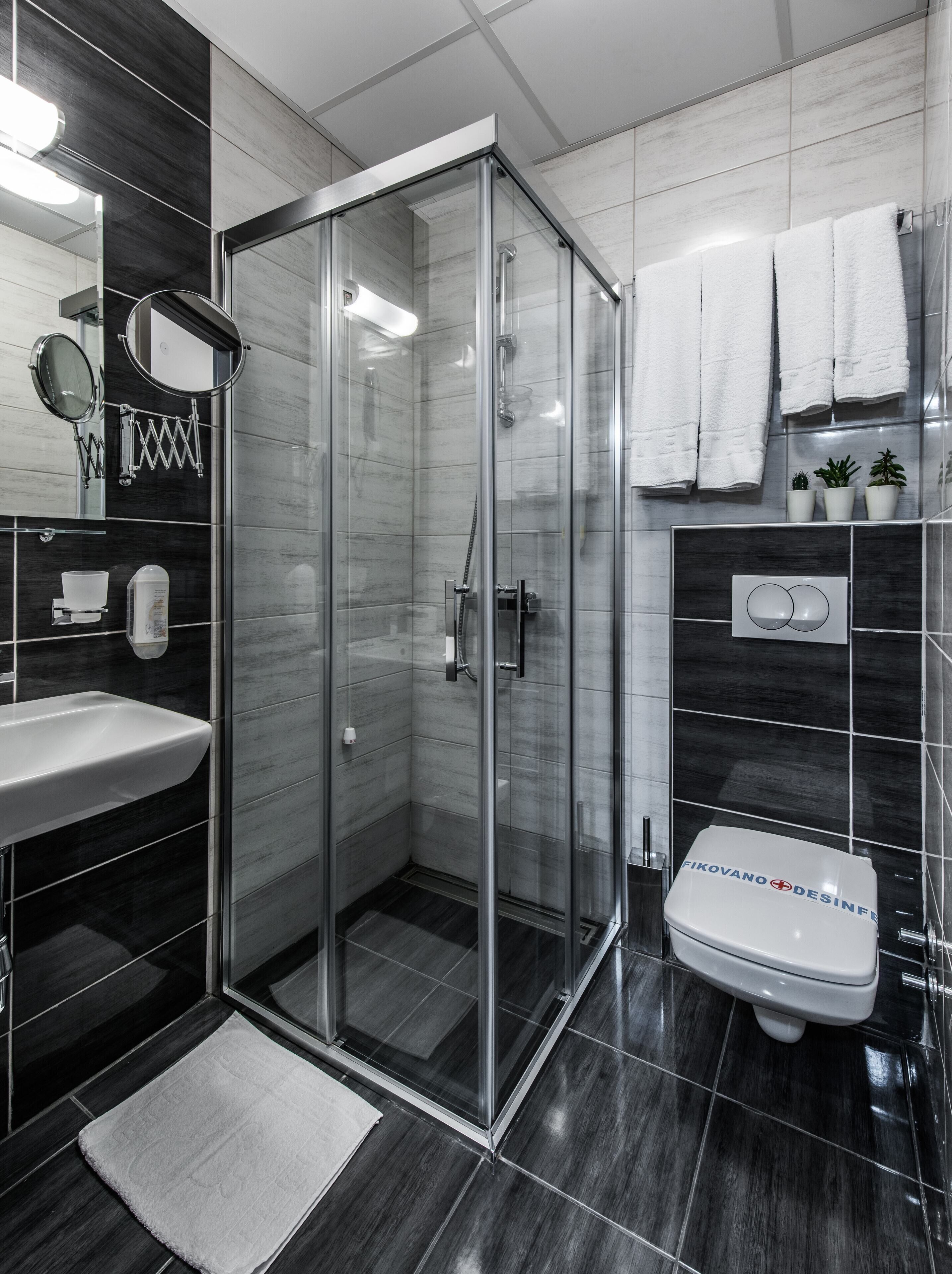 A modern bathroom with a glass shower enclosure, a white sink, and a toilet with a visible brand name.
