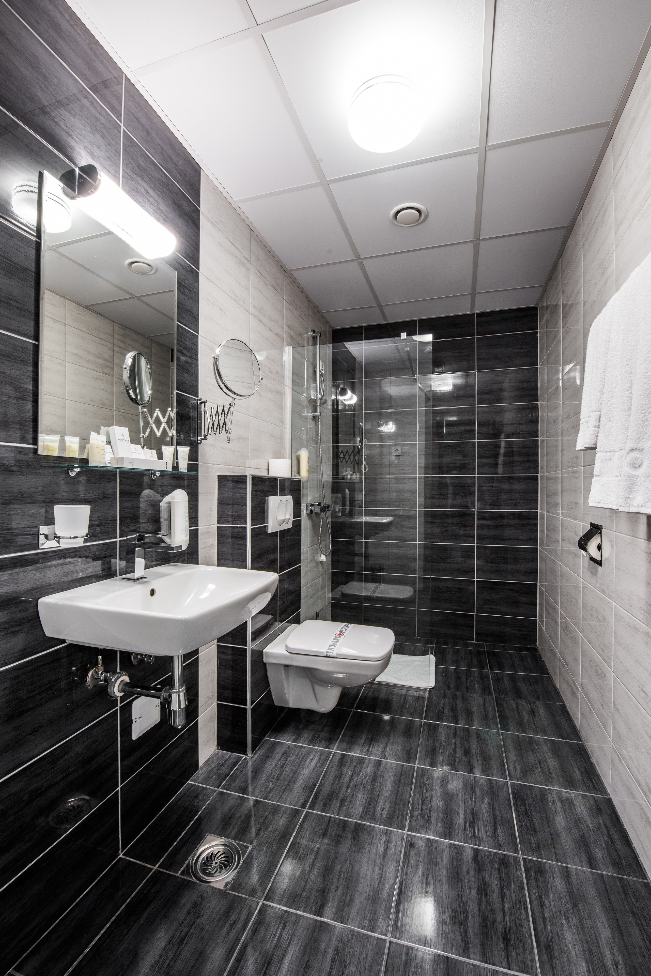 A modern bathroom with two sinks, a toilet, a glass shower enclosure, and a large mirror.