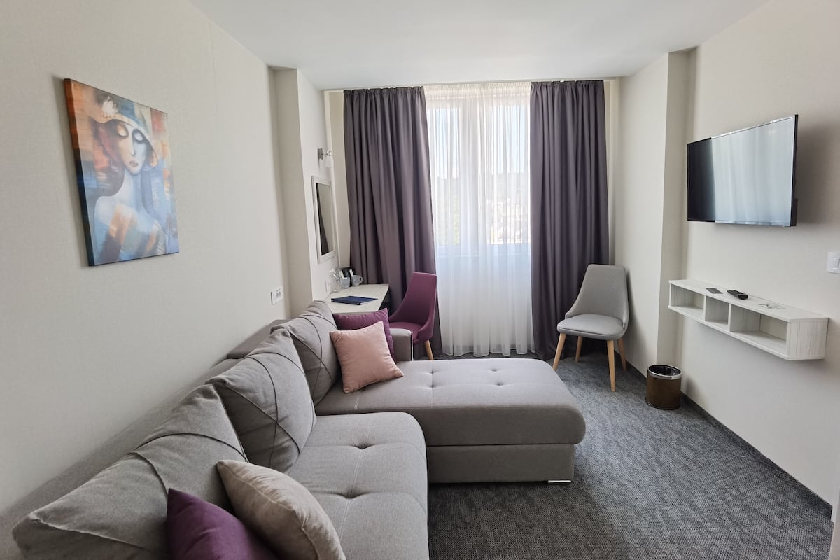 A modern living room with a grey sectional sofa, a purple armchair, a grey armchair, a flat-screen TV mounted on the wall, and a large window with grey curtains.