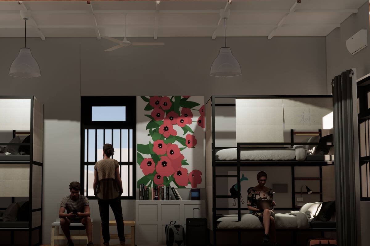 A dormitory room with bunk beds, a window with a view, and a wall with a floral mural.