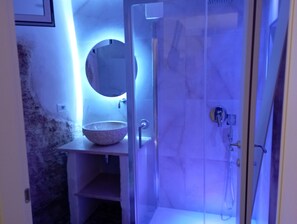 Shower, hydromassage showerhead, hair dryer, bathrobes