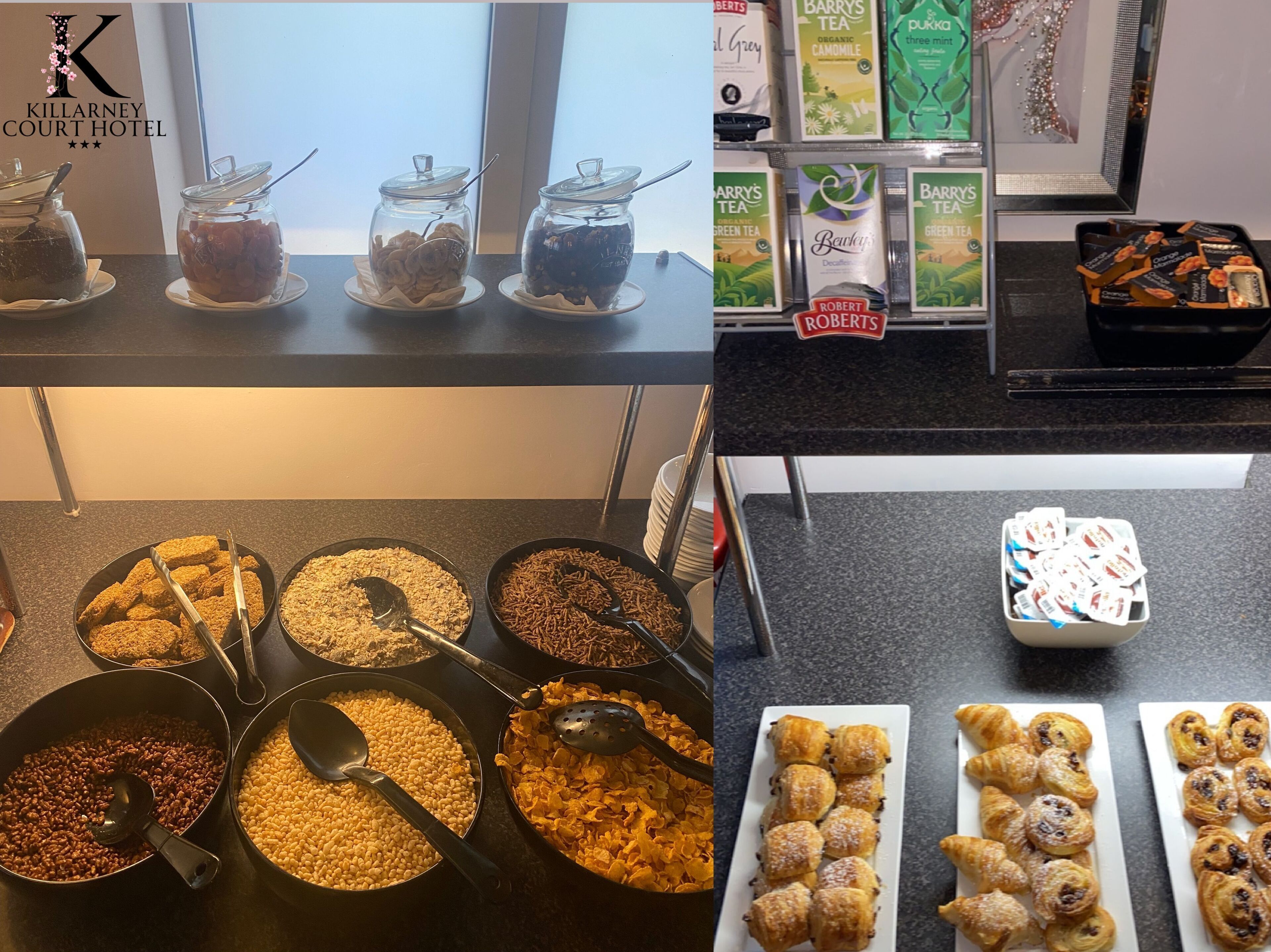Un ricco buffet per la colazione con diversi cibi e selezione di tè.