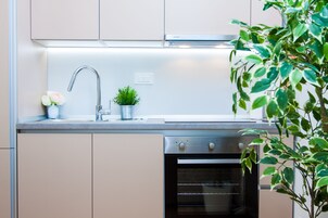 Refrigerador, horno, placa de cocina, tetera/pava eléctrica