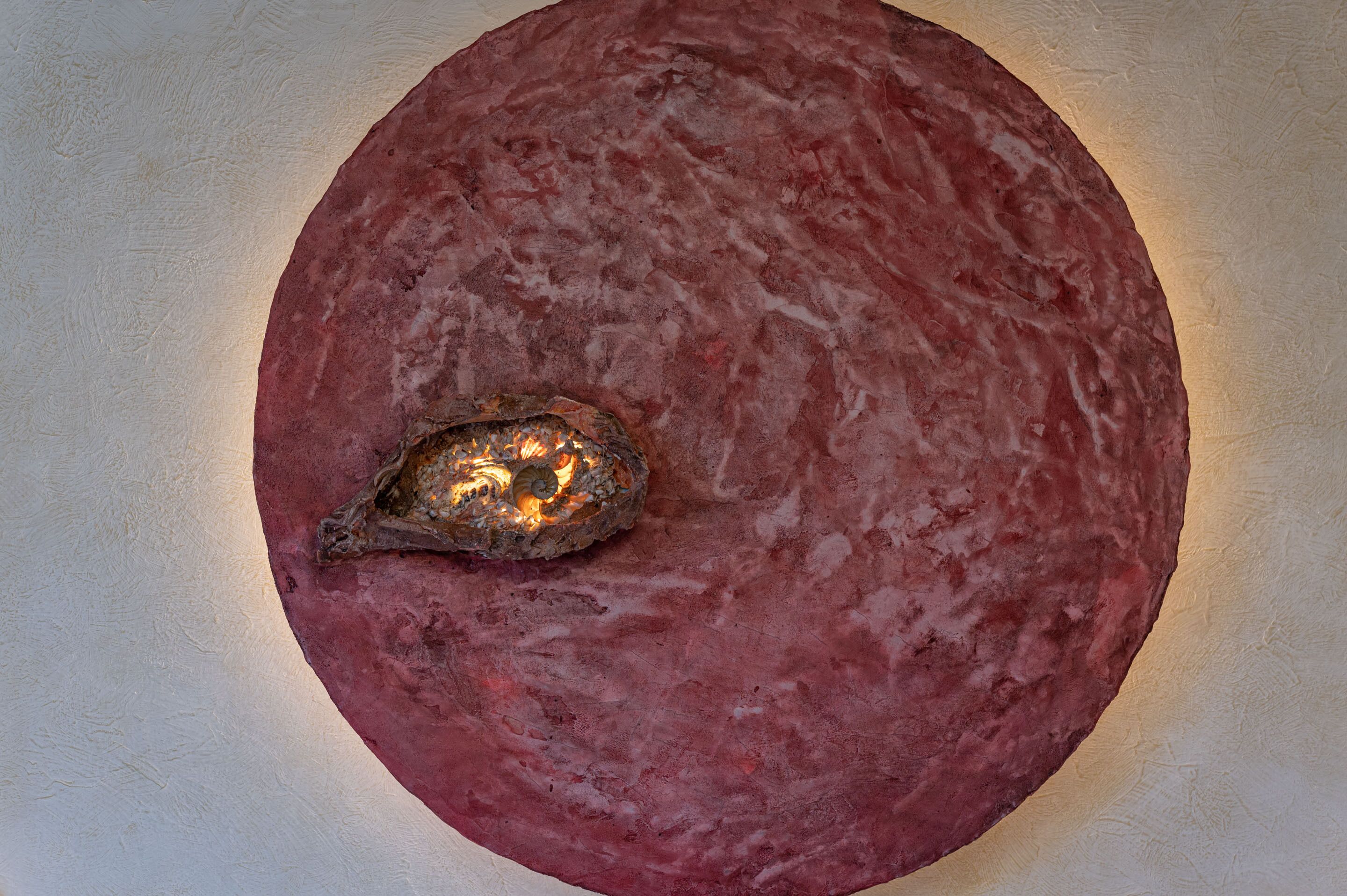 A circular, textured wall with a metallic object embedded in it.
