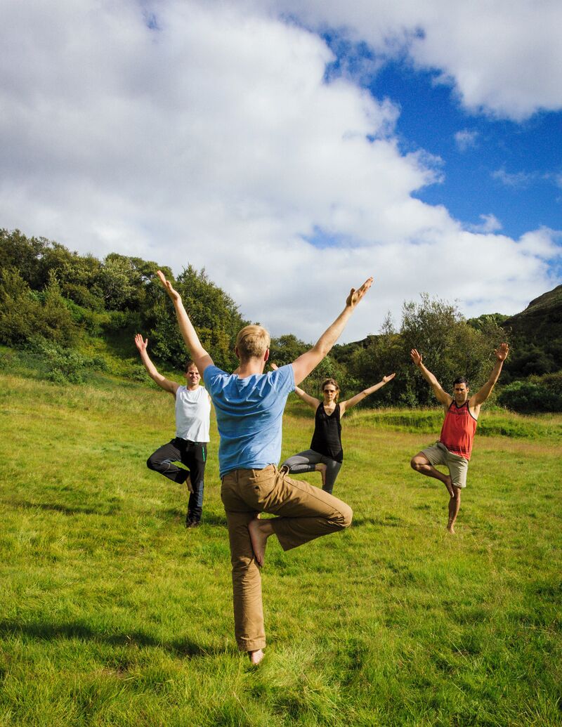 Four people performing a physical activity in an outdoor setting with grass and trees.
