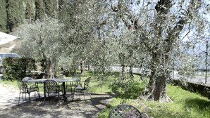 An outdoor dining table set with plates, cutlery, and a basket of bread and fruit. - Hotel e Appartamenti al Prà de la Fam (Tignale)