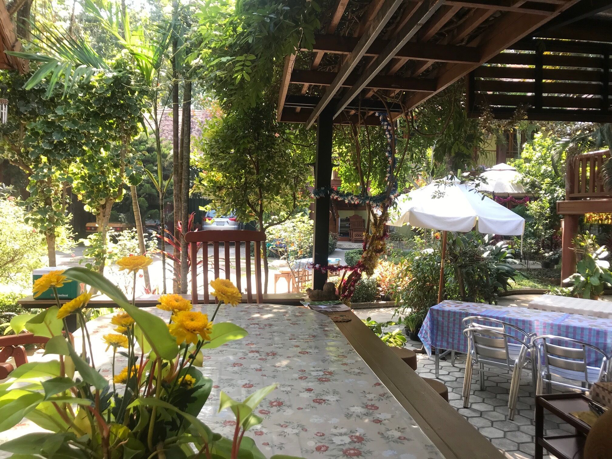 En udendørs patio med træpergola, borde med parasoller og plantekrukker.