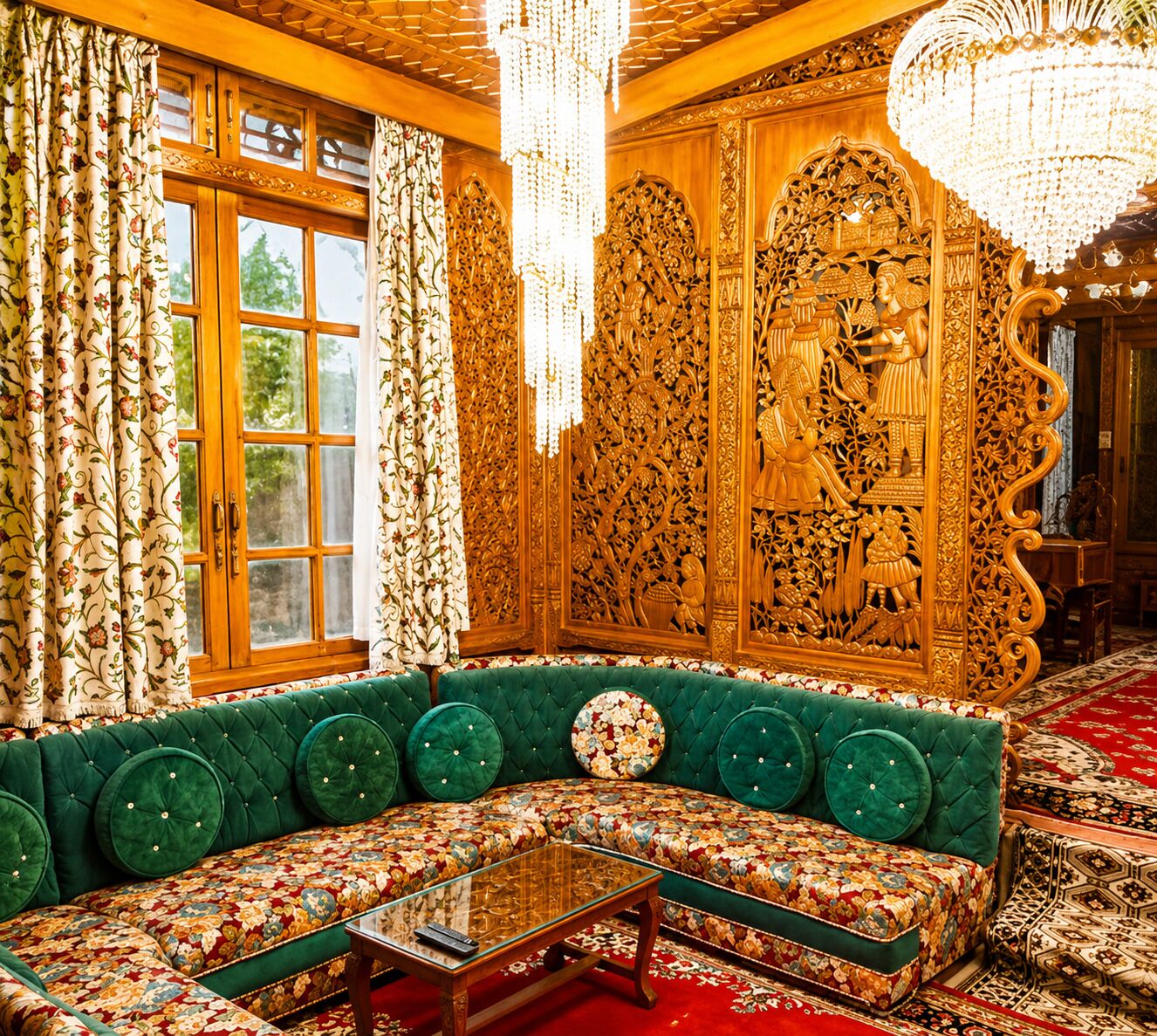 A room with a green upholstered sofa, a glass coffee table, ornate wooden carvings, and a chandelier.