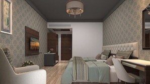 Un dormitorio moderno con una cama grande, un escritorio y una silla. Hay un televisor en la pared y una puerta que da a otra habitación.