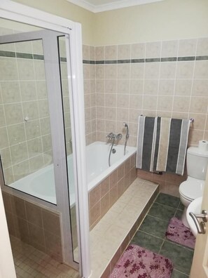 A bathroom with a glass-enclosed shower, a bathtub, a toilet, and a striped towel hanging on the wall.