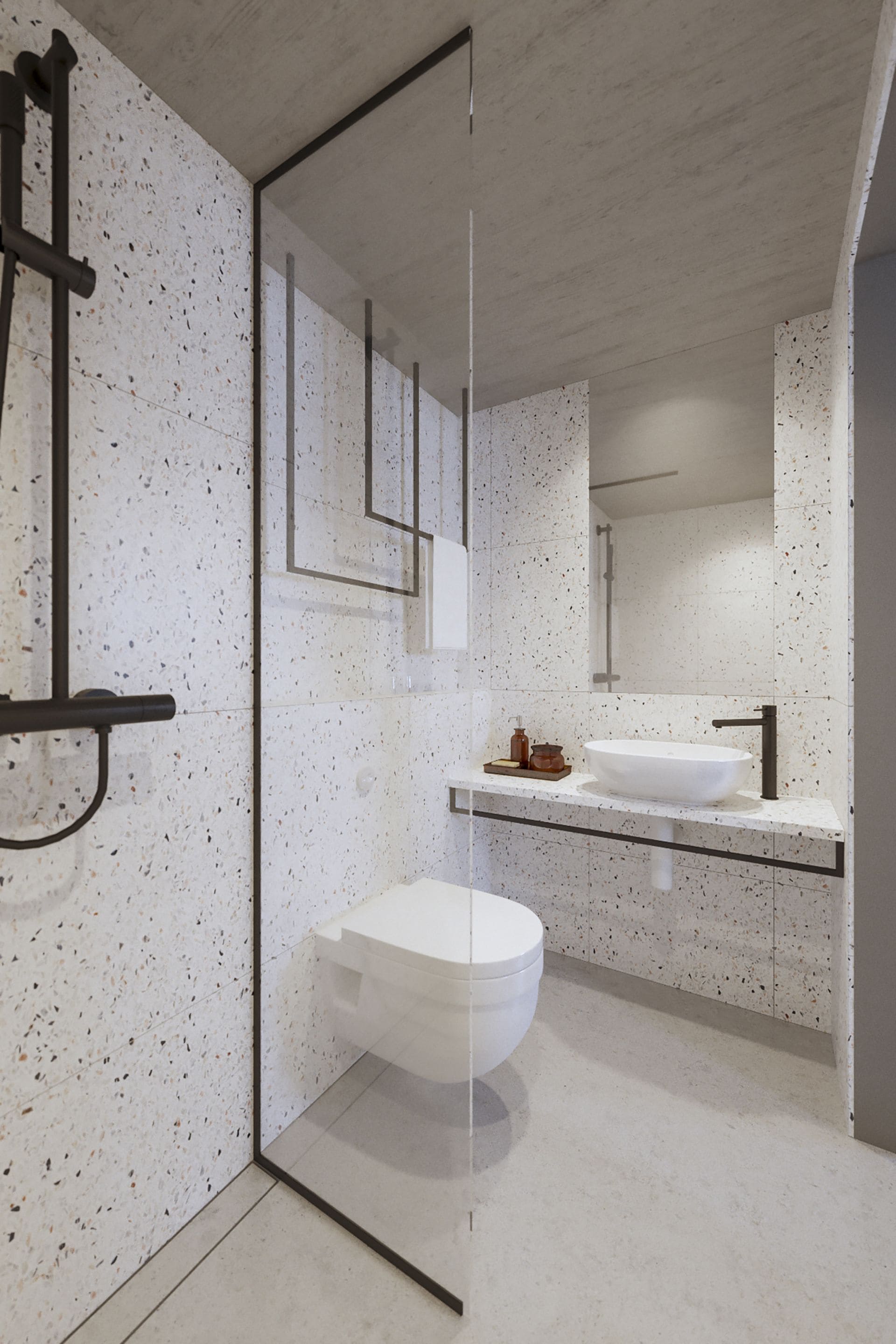 シャワー、デザイナーバスアメニティ、ヘアドライヤー、タオル