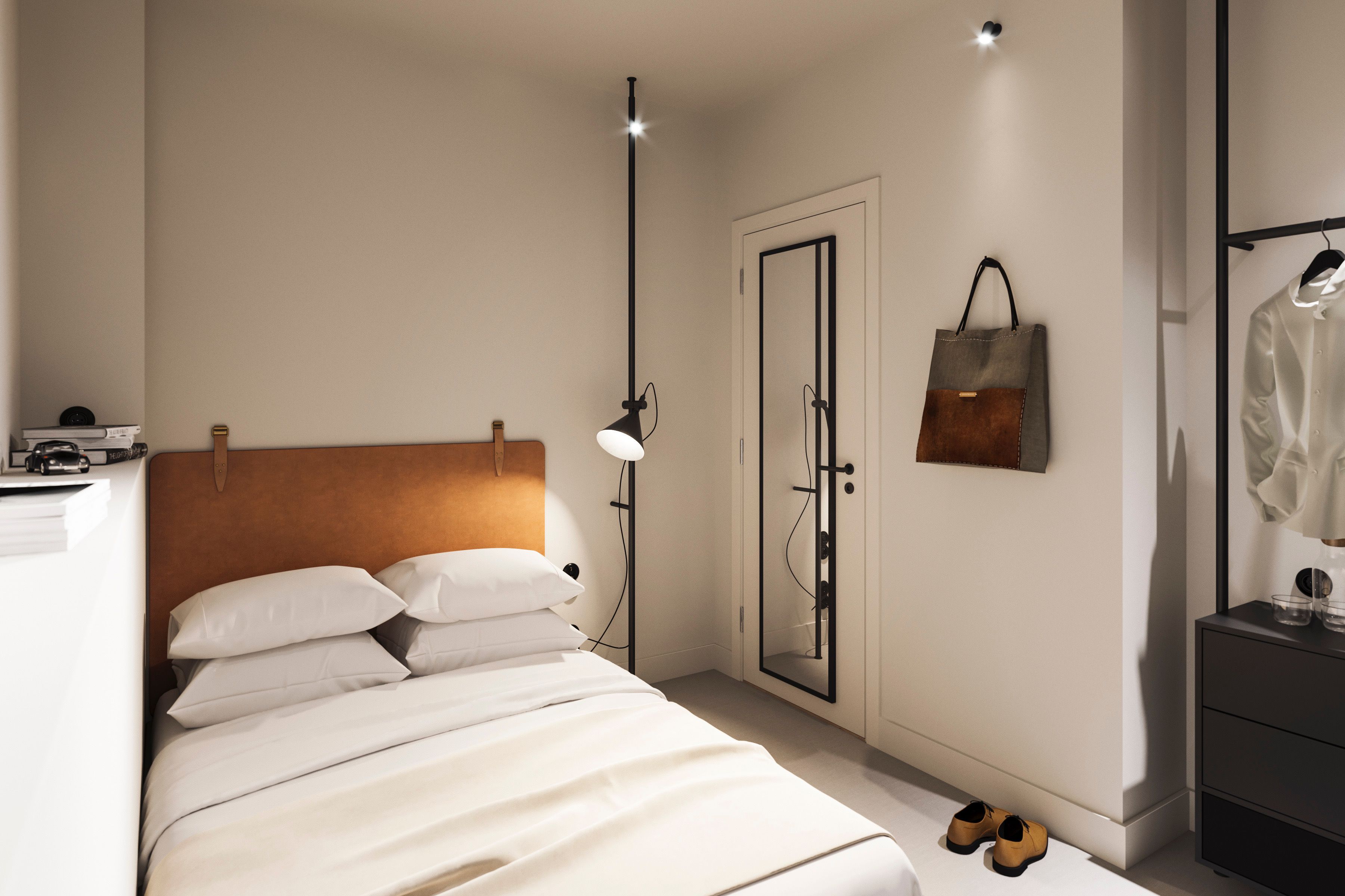 Ein Schlafzimmer mit Bett, Nachttisch, Lampe, Kleiderschrank und einer aufhängbaren Tasche.