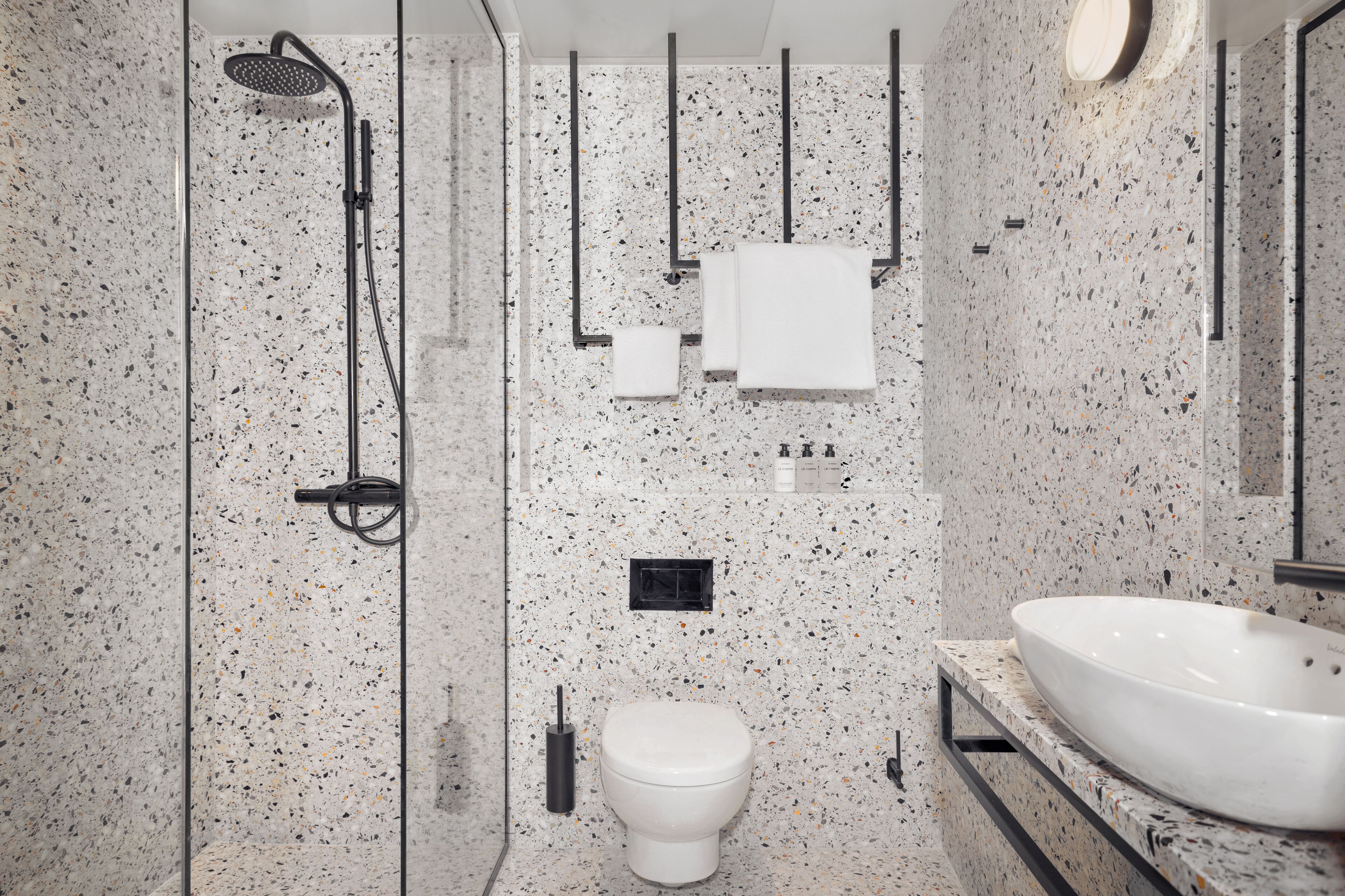 A modern bathroom with a freestanding bathtub, a toilet, and a large sink.