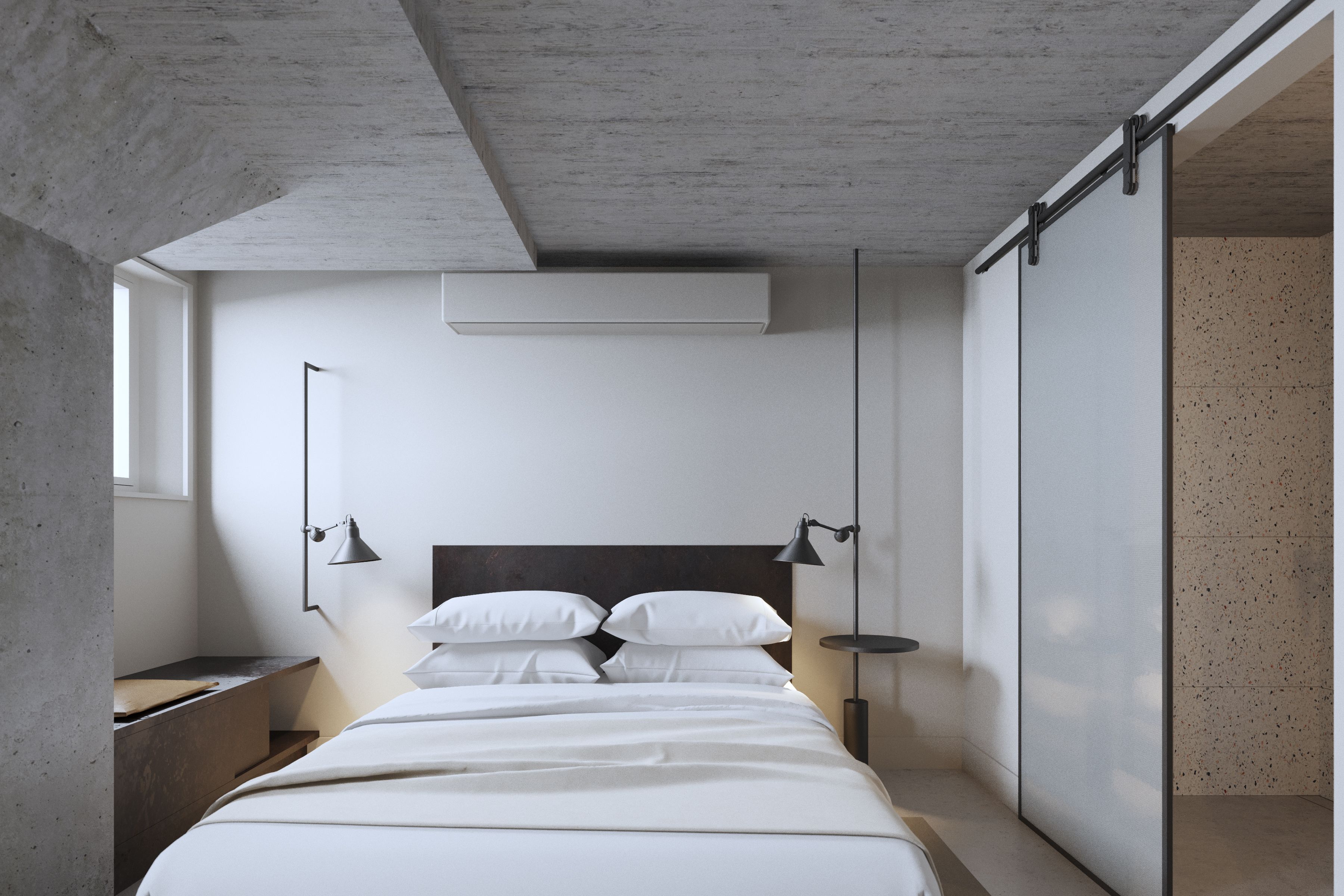 Une chambre à coucher moderne avec un lit, des tables de chevet et une fenêtre.