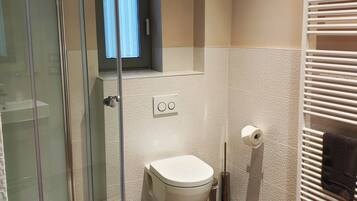 Ducha, cabezal de ducha tipo lluvia, secador de pelo, toallas