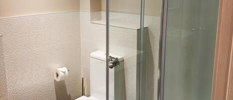 A bathroom with a glass-enclosed shower, a toilet, and a towel rack.