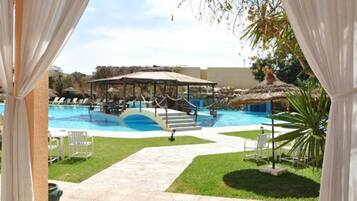 Indoor pool, outdoor pool, open 9:30 AM to 6:00 PM, pool umbrellas