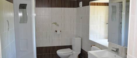 A bathroom with a toilet, sink, and shower.