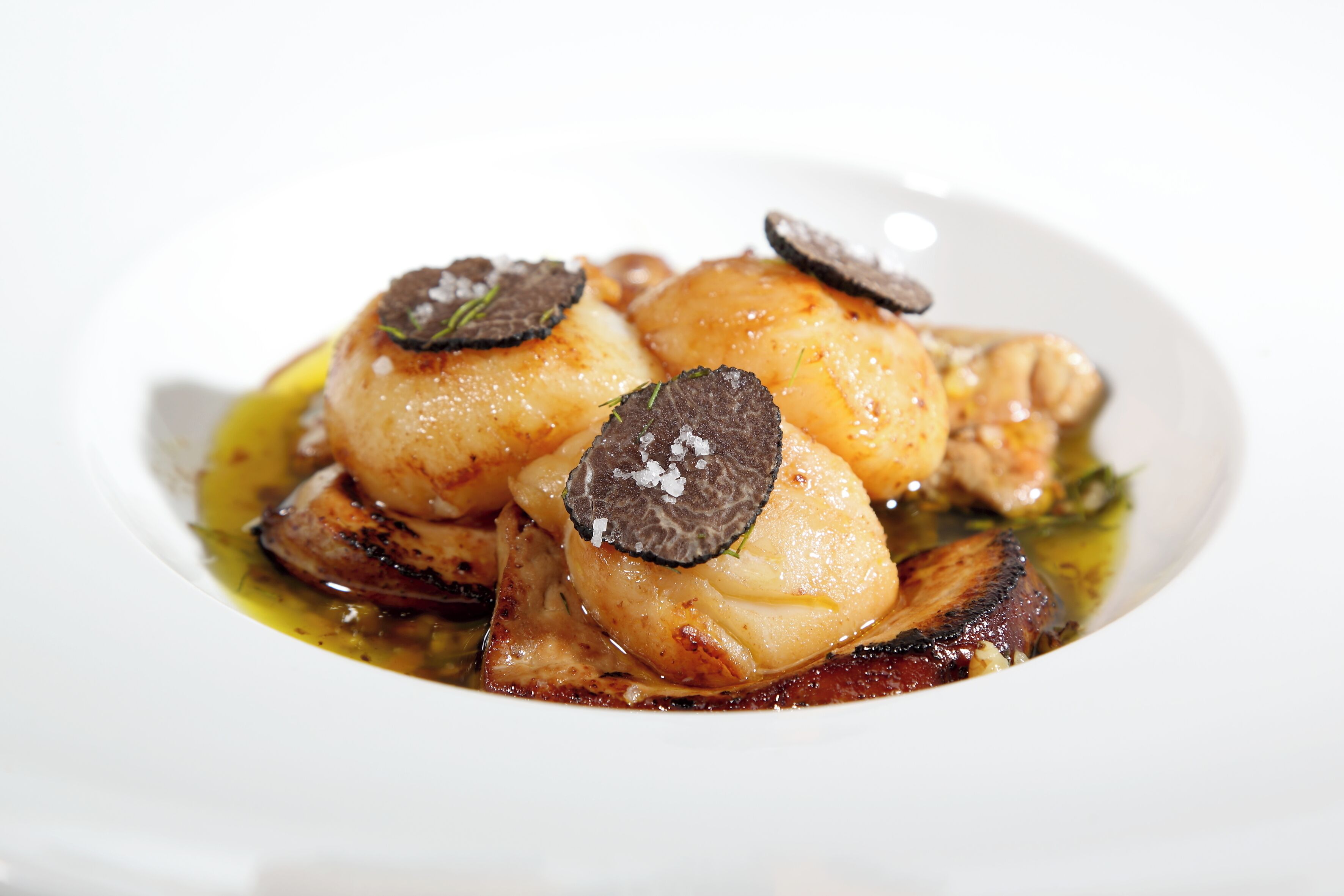 Un plat composé de noix de Saint-Jacques poêlées et de truffes, servi dans une assiette blanche.
