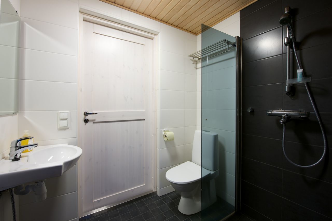 Une salle de bain avec un lavabo blanc, des toilettes et un espace douche.