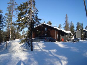A cabin with a wooden exterior, a garage, and a covered driveway.