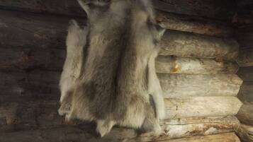 A fur coat hanging on a wooden log wall.