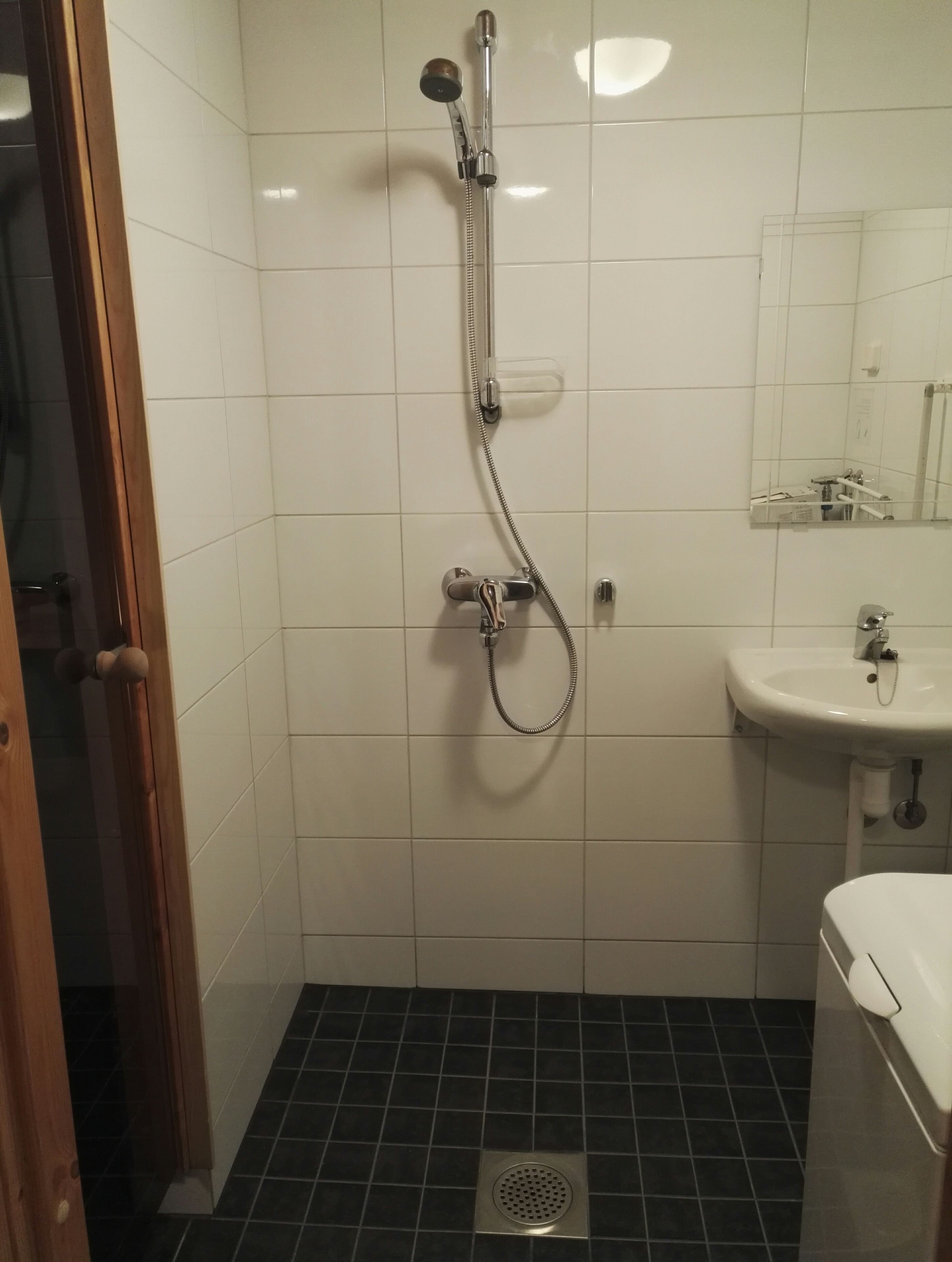 A bathroom with a shower, sink, and toilet.