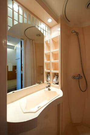 Shower, hair dryer, soap, shampoo