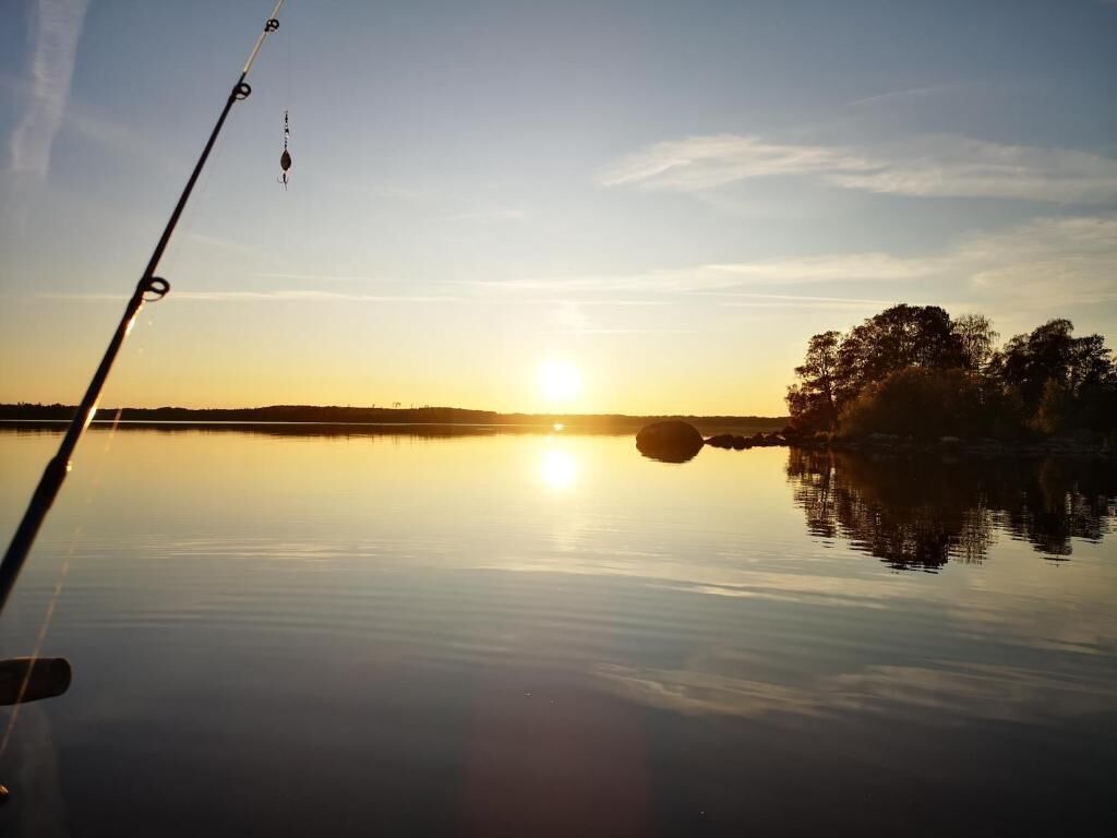 En fiskestang i stille vand med solnedgang i baggrunden.