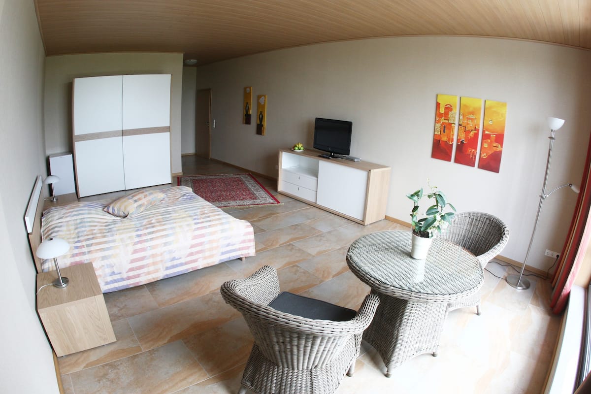 Un dormitorio con una cama, televisión, escritorio y dos sillas de mimbre.