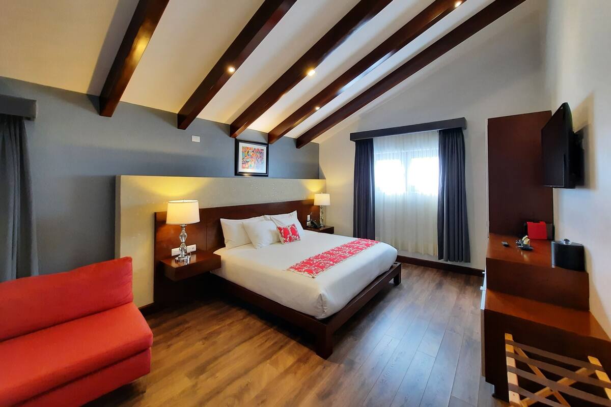 Une chambre d’hôtel avec un grand lit, un fauteuil rouge, un bureau en bois et une télévision.
