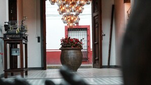 Un pasillo con una gran planta en maceta, una mesa de madera con una radio antigua y una lámpara colgante.
