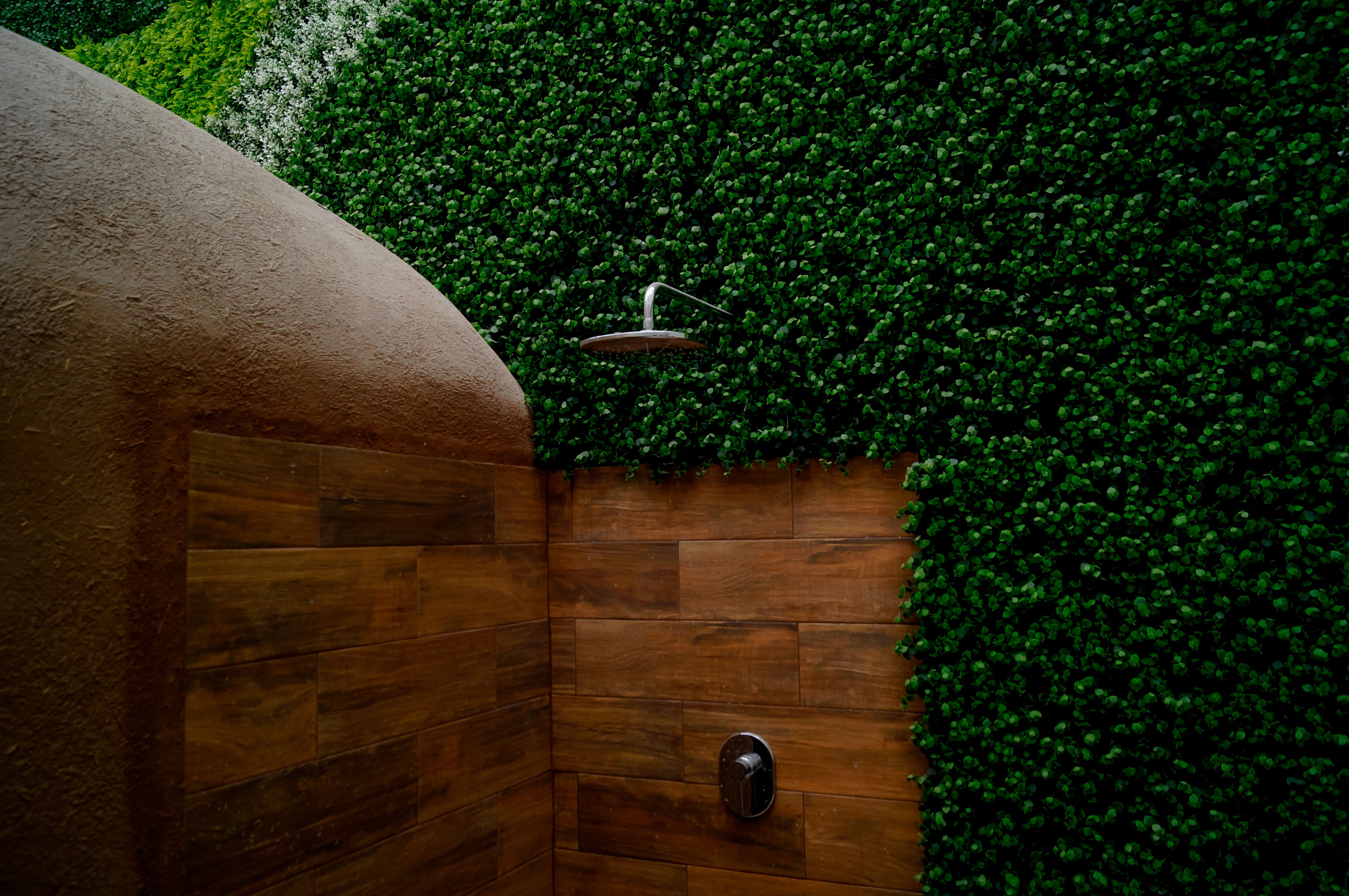 Un espace douche avec un mur en bois et un mur végétal.