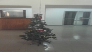 A small Christmas tree in a spacious, well-lit lobby with a reception desk and a glass door. - Nella Hotel (Agboville)