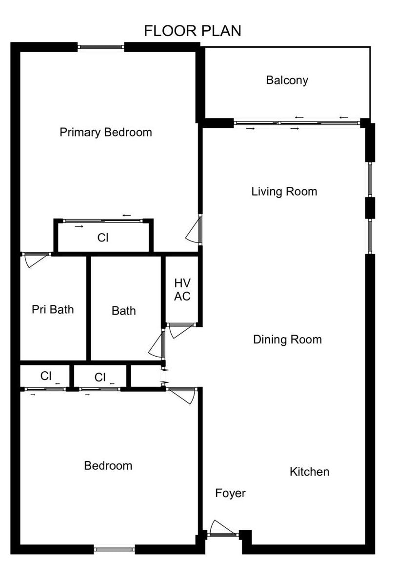 En planritning som visar ett huvudsovrum, balkong, vardagsrum, matsal, kök, entréhall, två badrum och ett extra sovrum.