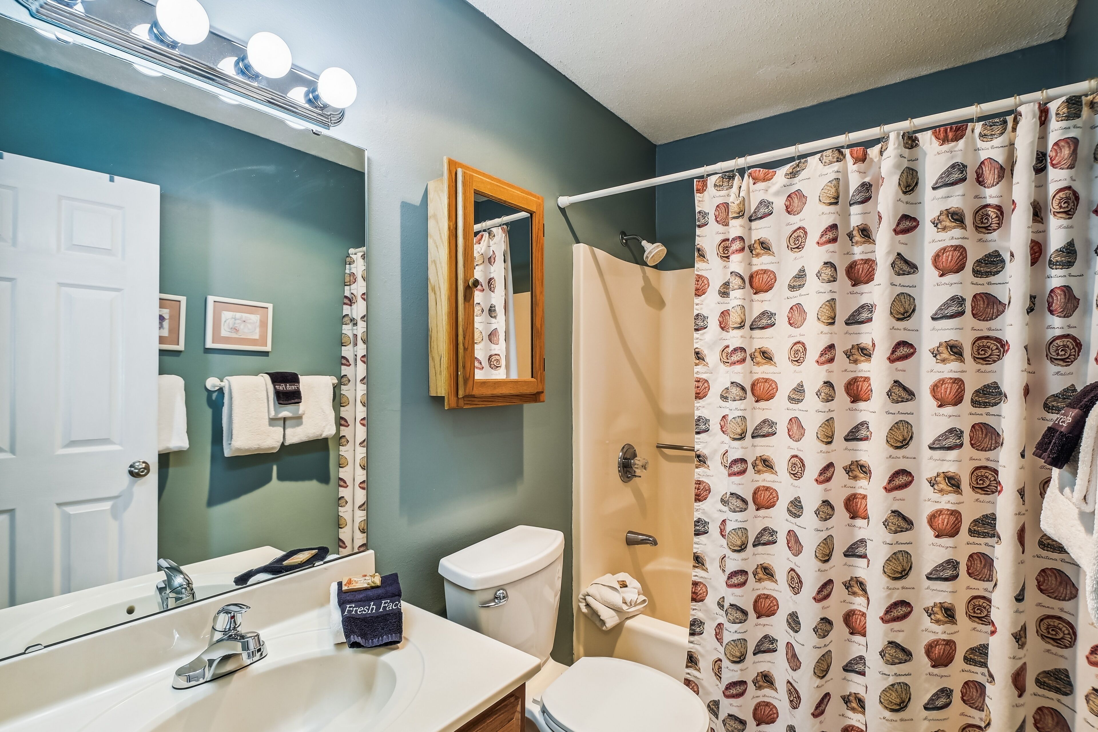 A bathroom with a white sink, a mirror, a toilet, and a shower curtain with a shell pattern.