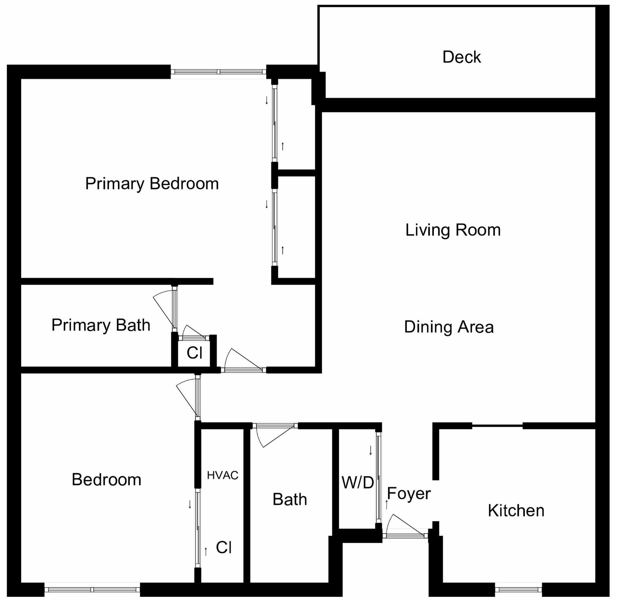 A floor plan with a primary bedroom, living room, dining area, kitchen, and secondary bedroom.