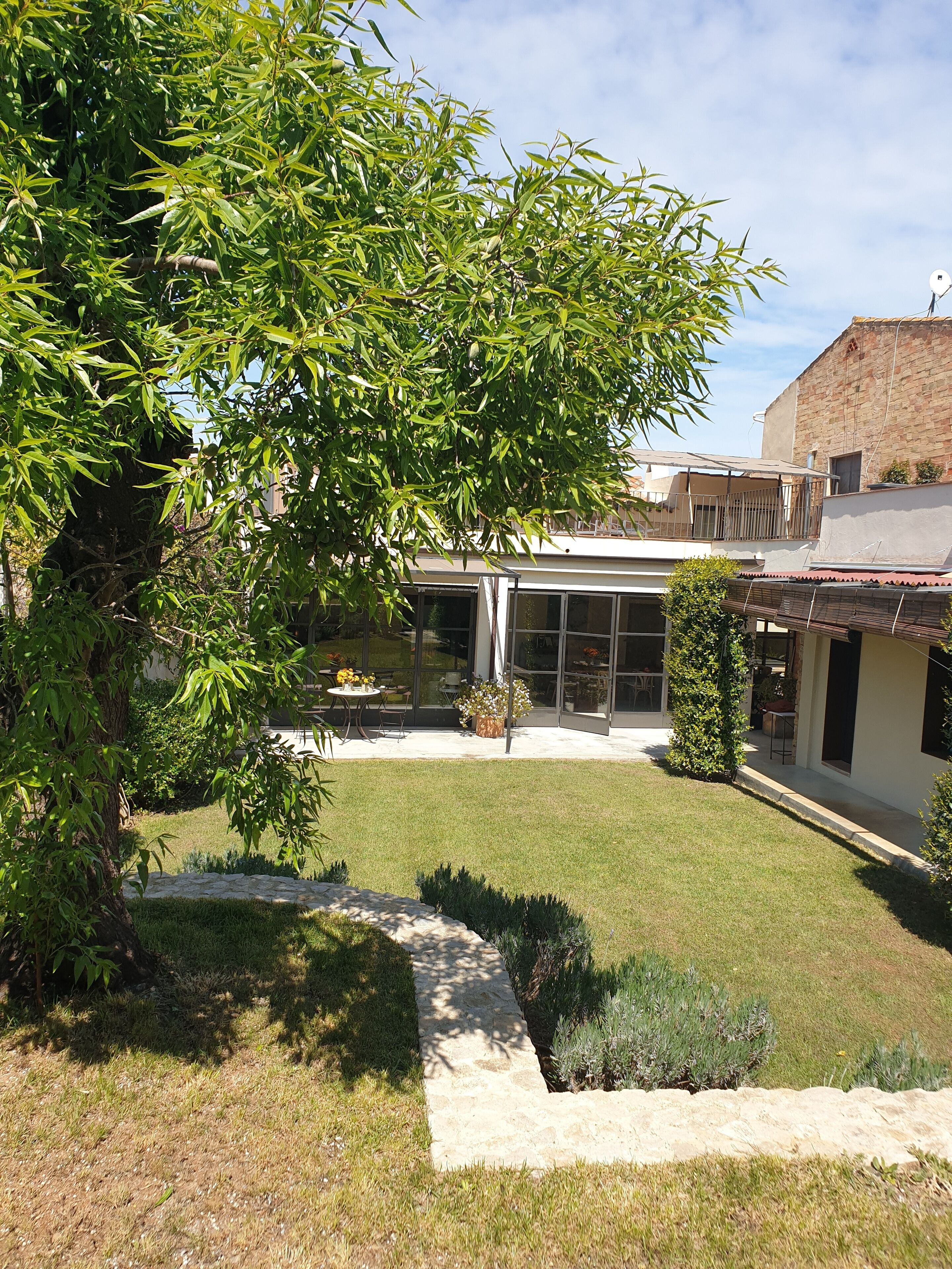 Une cour avec un arbre, une pelouse et un bâtiment doté d’une porte en verre et d’un balcon.