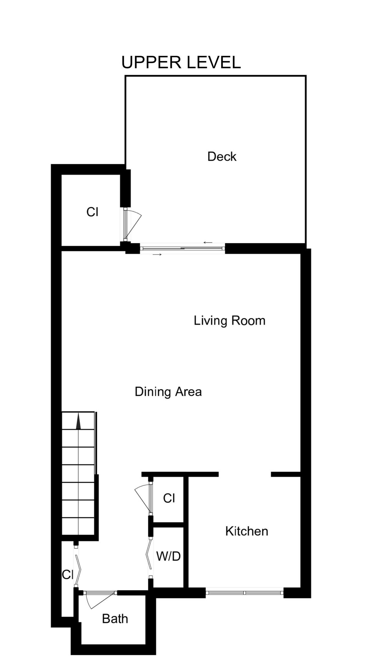 A floor plan of an upper level with a deck, living room, dining area, kitchen, and bathroom.