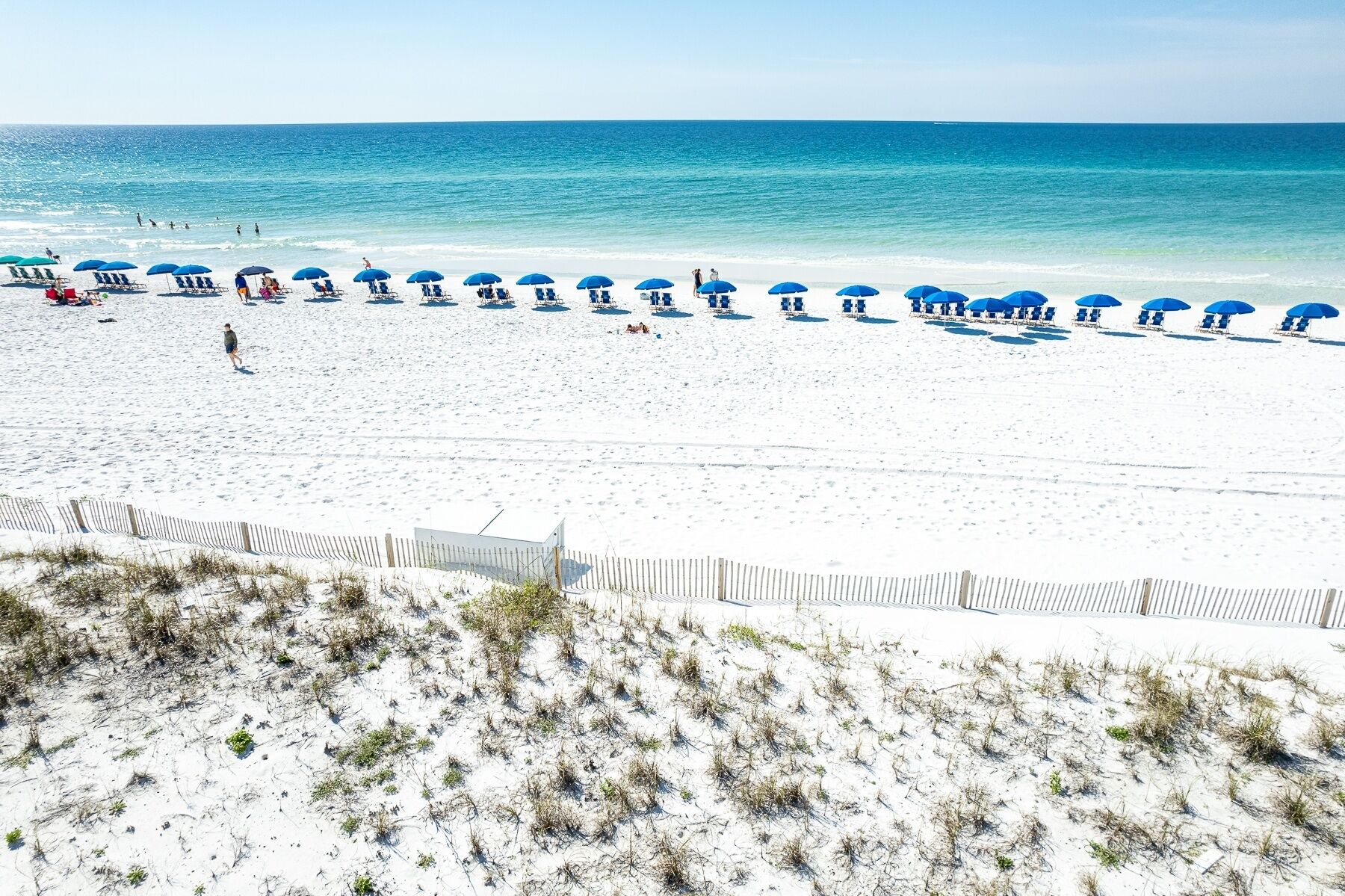 A beach with white sand, a wooden fence, and a row of blue umbrellas.