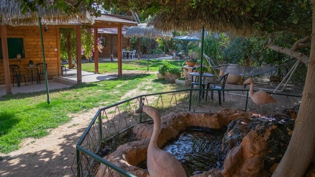 A wooden cabin with a thatched roof, a fenced enclosure with a water feature, and outdoor seating. - Idan Lodge In The Arava (HaArava HaTikhona)
