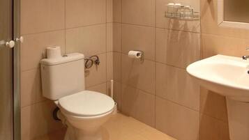 A bathroom with a toilet, a sink, and a shower.