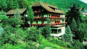 Un immeuble à plusieurs étages doté de balcons, entouré d’une végétation luxuriante et de collines.
