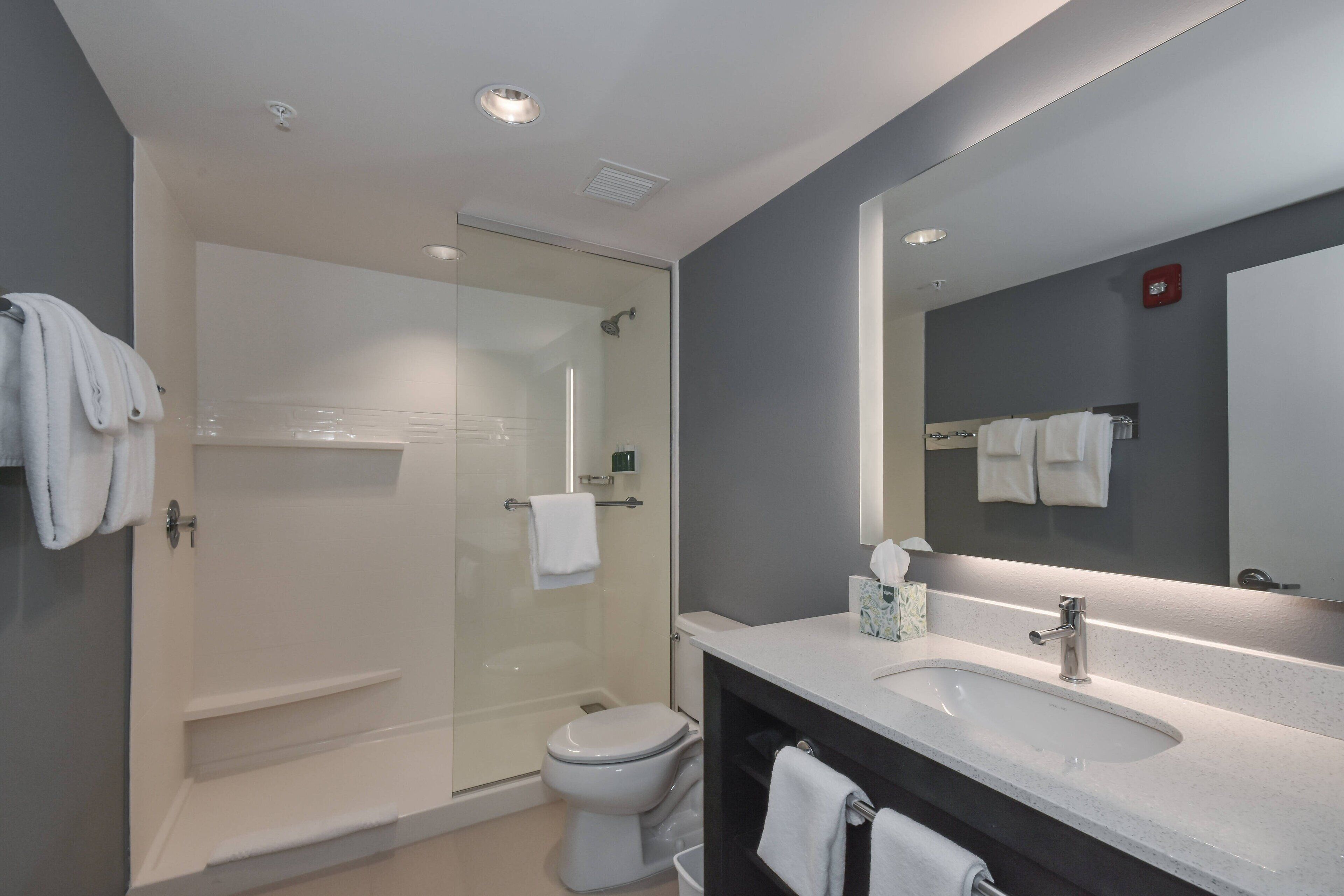 A modern bathroom with a glass-enclosed shower, a white sink, and a large mirror.