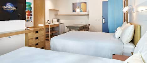 A hotel room with two beds, a TV displaying 'Universal Orlando Resort', a surfboard, and a small kitchenette.