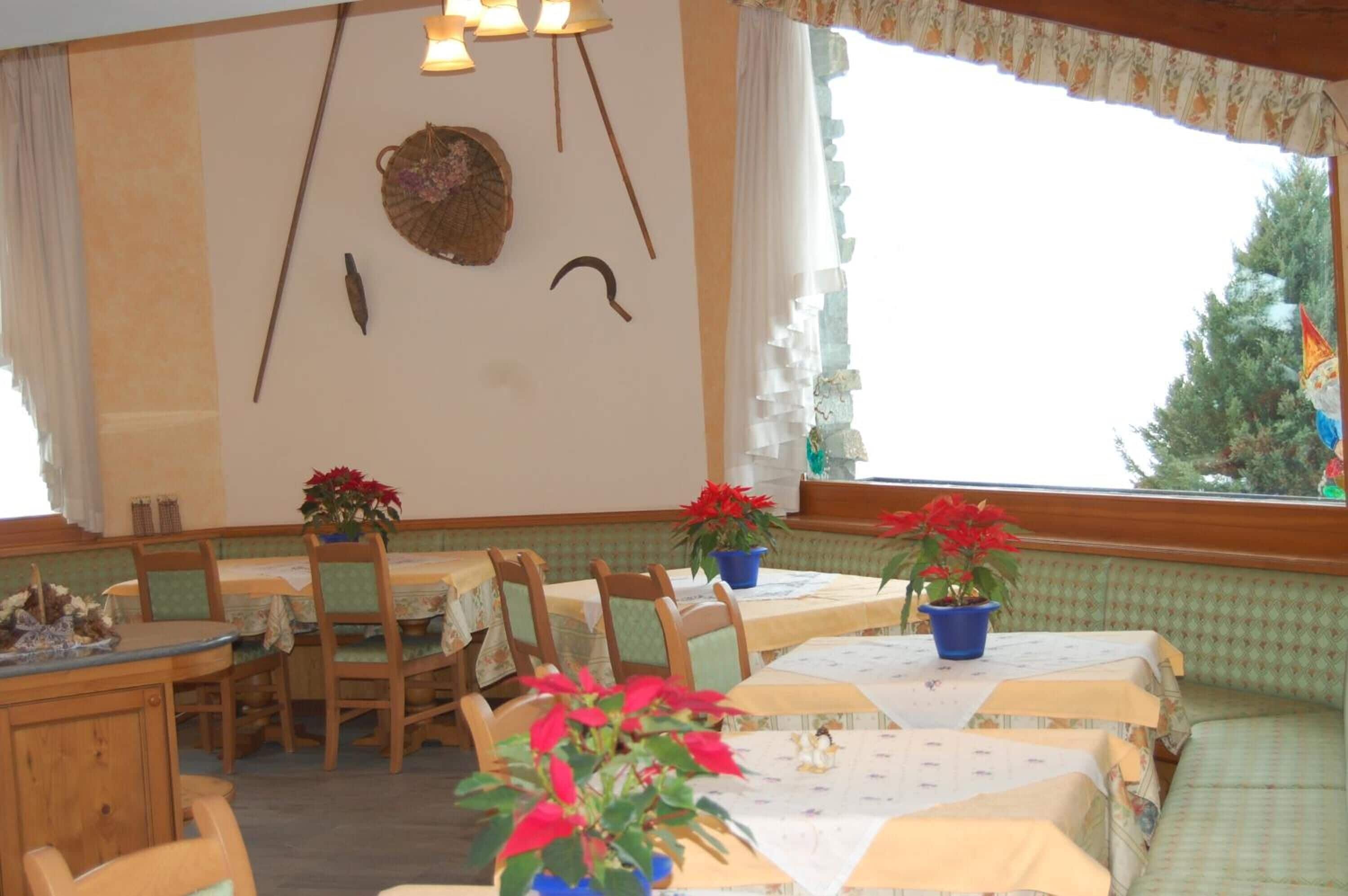 A dining area with tables and chairs, potted plants, and a window with curtains.